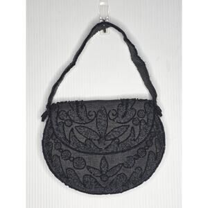 Vintage Saks Fifth Avenue Beaded Handbag Made In Belgium Black Floral Clutch